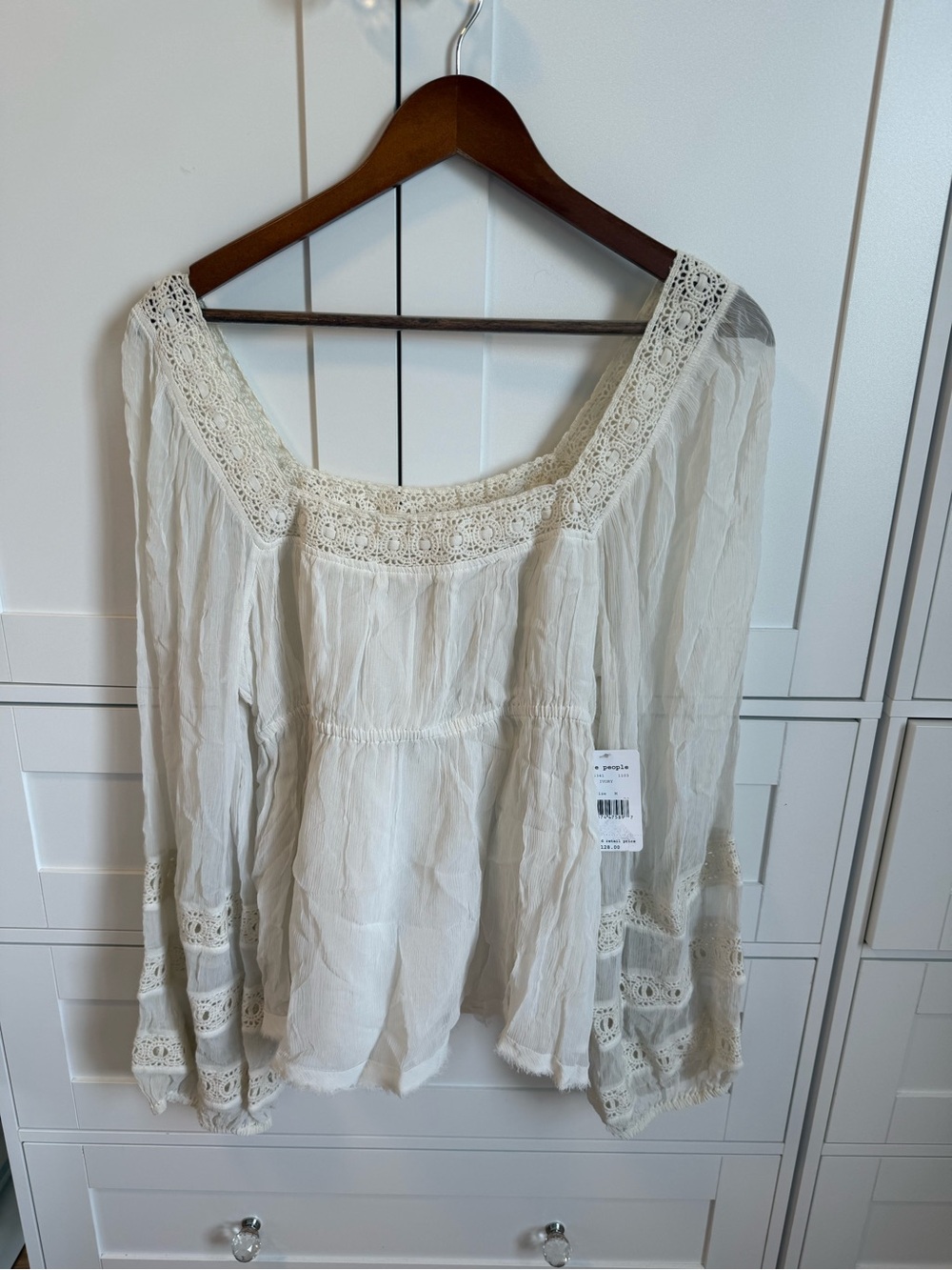 Free People Ivory Crochet-Trim Gauze Peasant Blouse
